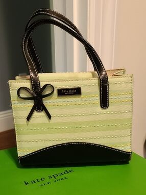Kate SPADE  light green striped tote with black trim
